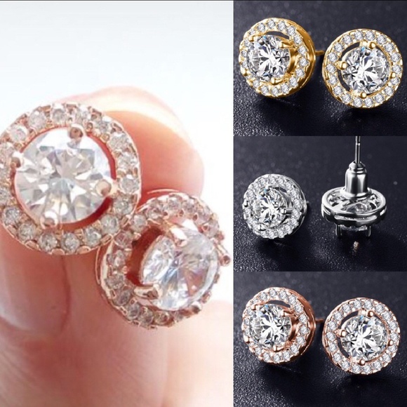 Cubic Zirconia Halo Stud Earrings - Picture 5 of 8